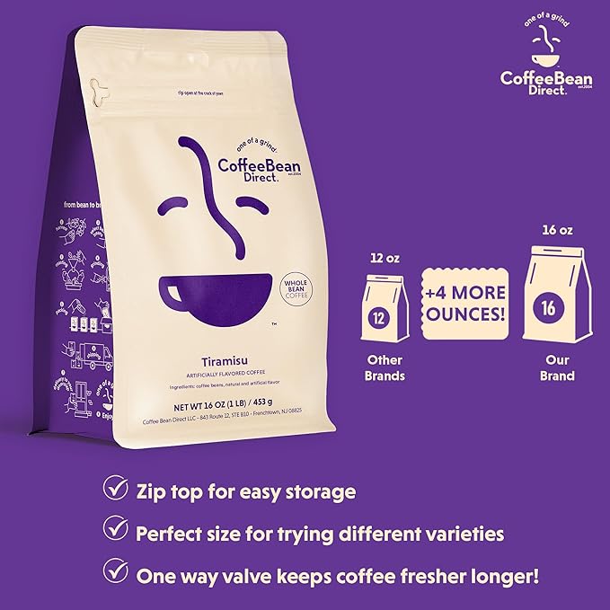 Coffee Bean Direct Tiramisu Flavored Whole Bean Coffee 1 Pound Bag (Pack of 1)