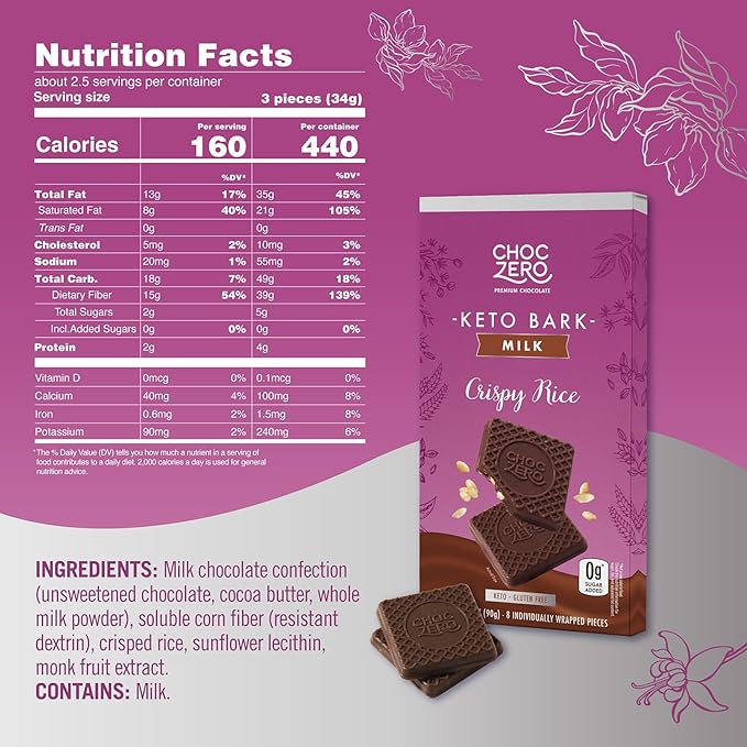 ChocZero Milk Chocolate Crispy Rice Bark No Added Sugar Low Carb High Fiber Keto Friendly No Sugar Alcohols (4 Count 3.2oz Boxes)