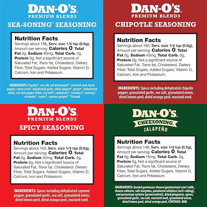 Dan-O's 4 Bottle Seasoning Set Small Bottles 4 Pack Includes Spicy Chipotle SEA-soning and Jalapeño Cheesoning Seasonings Sugar Free Zero Calorie Seasoning Kit for Meat Popcorn or Sauce