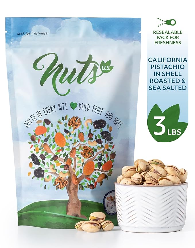 NUTS U.S. – California Pistachios | Roasted &amp Salted | No Wax No Added Color or Flavor | NON-GMO and Natural | Premium Quality Pistachios In Resealable Bags!!! (3 LBS)