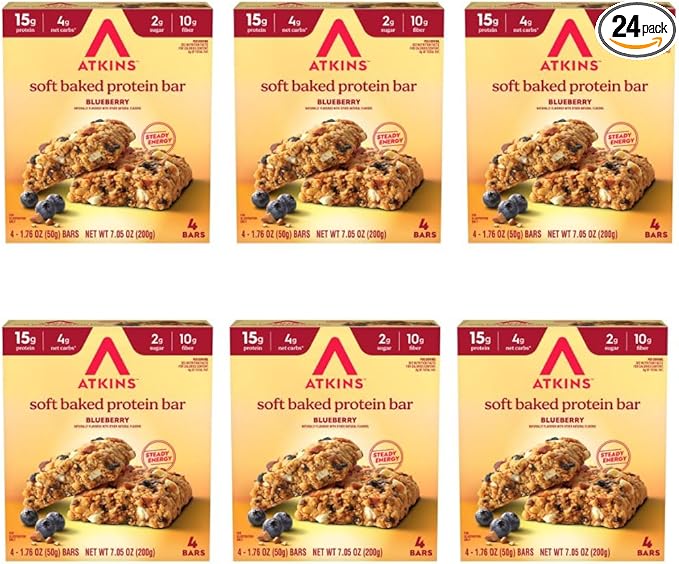 Atkins Soft Baked Protein Bars Blueberry 15g Protein 4g Net Carbs 2g Sugar Excellent Source of Fiber High in Protein 6 Packs (4 Bars Each)
