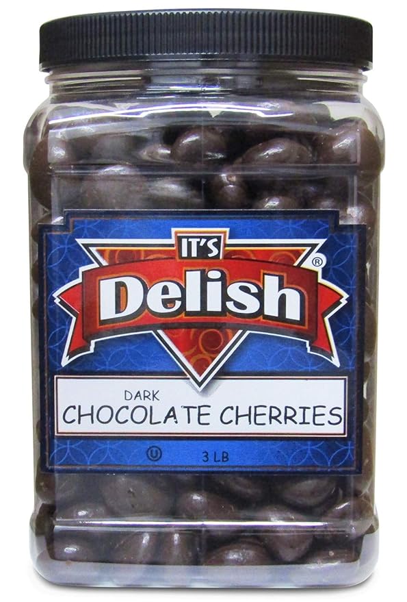 Gourmet Dark Chocolate Covered Cherries by It's Delish 3 lb Jumbo Reusable Container | Premium Dark Bittersweet Chocolate Coated Dried Cherries - Kosher Parve Vegan