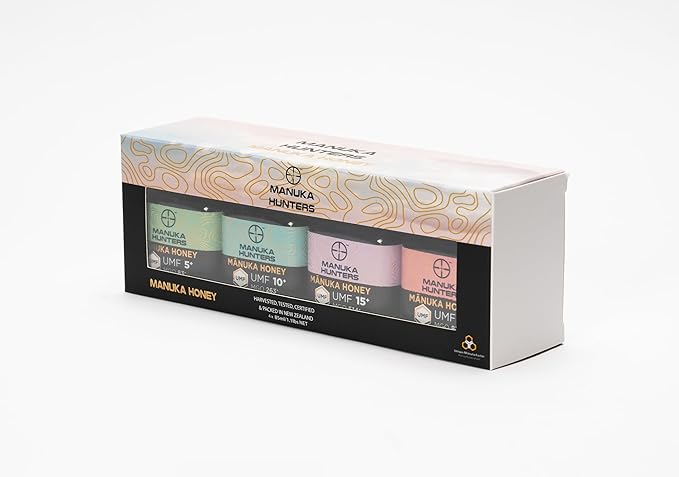 Manuka Hunters Raw New Zealand Honey Gift Set 4-Pack Honey Sampler with UMF 5+10+15+20+ (125g = 85ml Each) – 100% Pure Natural Sweetener - Ideal for Tea Coffee Smoothies Baking - Sustainable