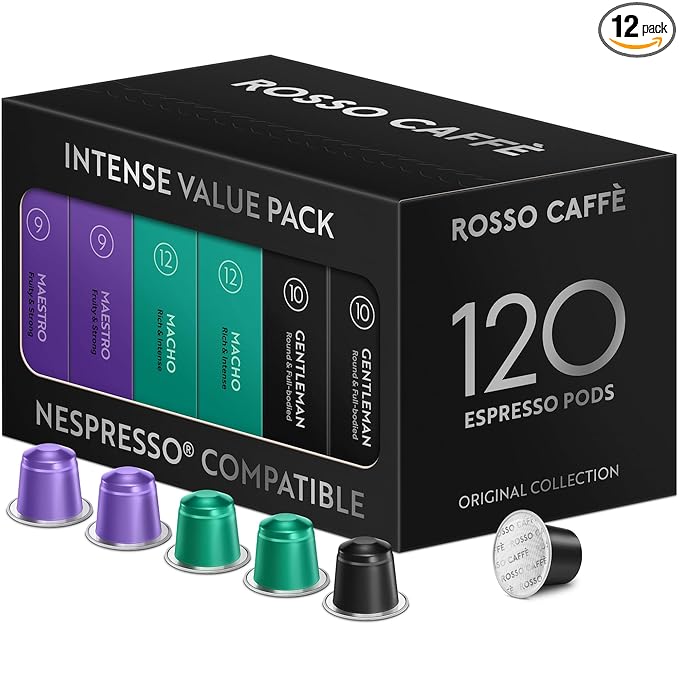 ROSSO CAFFÈ 120 Espresso Coffee Pods for Nespresso Original Machines - Value Intense Pack of Rich and Bold Capsules 3 Premium Dark Roasts Flavors (Intensity 9-12)