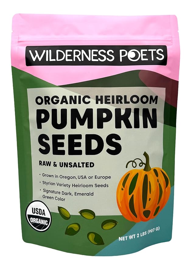 Wilderness Poets Organic Heirloom Pumpkin Seeds - Styrian Variety No Shells Naturally Hulless. Unsalted Bulk Size Grown in Oregon USA or Europe (32 Ounce - 2 Pound)