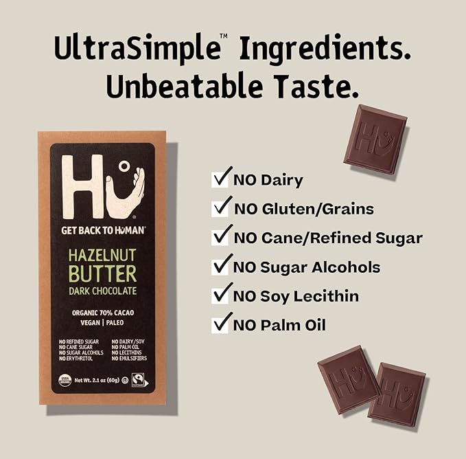 Hu Chocolate Bars | 6 Pack Hazelnut Butter Chocolate | Natural Organic Vegan Gluten Free Paleo Non GMO Fair Trade Dark Chocolate | 2.1oz Each