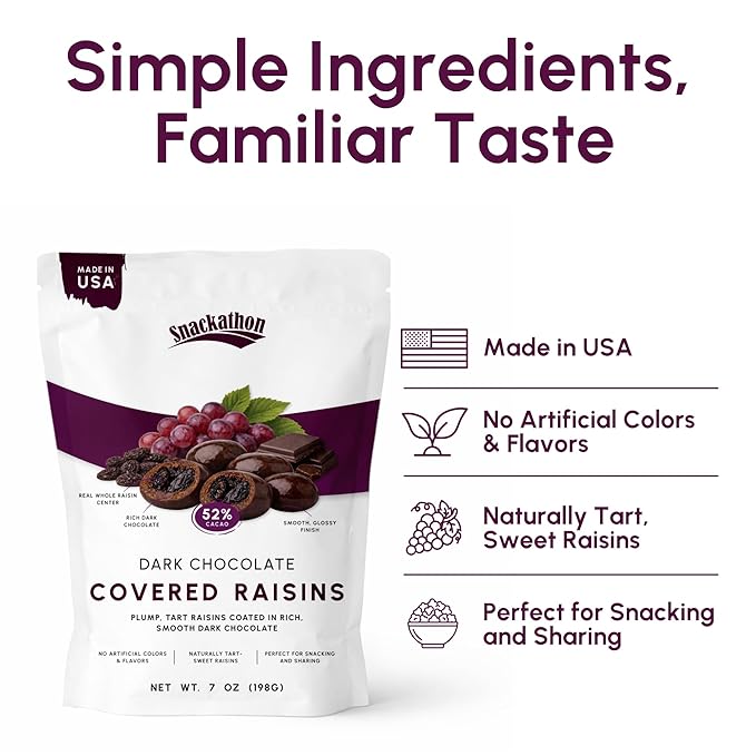 Snackathon 52% Dark Chocolate Covered Raisins 15 OZ Resealable Snack Bag Sweet Dried Raisins Coated in Rich Chocolate Candy Delicious Chocolate Raisins for Treats Sharing Snack Box or Gift Box
