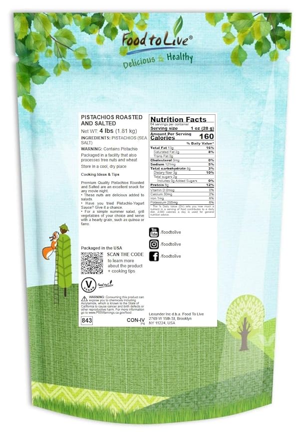 Food to Live Pistachios Roasted and Salted 4 Pounds — California Dry Roasted Pistachios with Sea Salt In Shell Kosher Vegan Superfood Bulk