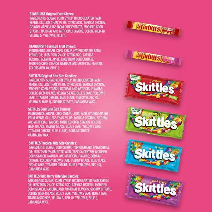 STARBURST Original &amp FaveRed and SKITTLES Original Wild Berry Sour and Tropical Chewy Candy Full Size Travel Essentials Variety Pack 30 Count Bulk Box