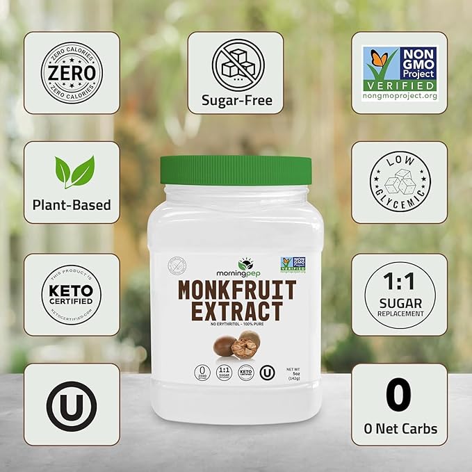 Morning Pep 100% Pure Monk Fruit extract sweetener No Erythritol Monkfruit Extract Powder NON-GMO Project Verified Keto Certified OU kosher No Fillers Zero Calories | Over 1350 Servings | 15 oz