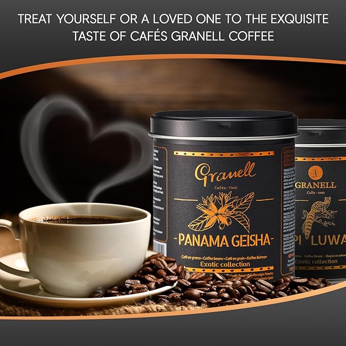 Cafés Granell – Kopi Luwak + Panama Geisha Coffee | Exotic Collection | Fresh Whole Gourmet Beans | Quality Controlled | 100% Arabica Coffee-Premium Medium Roast | 3.53oz