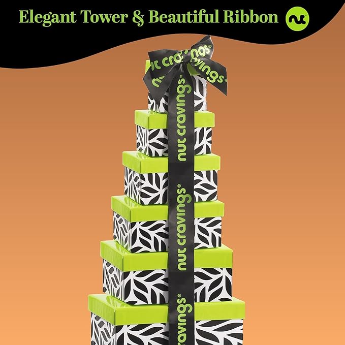 NUT CRAVINGS - Easter Dried Fruit &amp Mixed Nuts Gift Basket Leaf Tower + Ribbon (12 Assortments) Ramadan Gifts Saint Patrick's Day Food Arrangement Healthy Snack Care Package Kosher