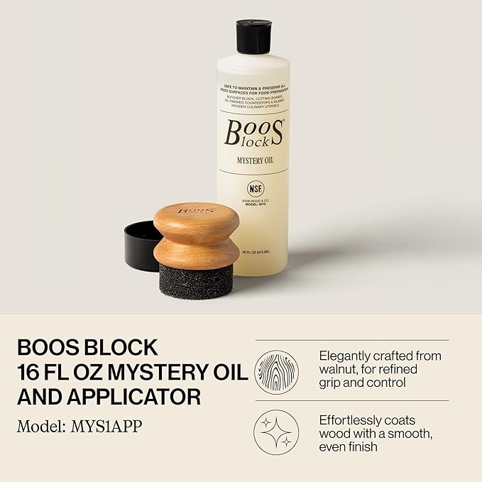 John Boos 2-Piece Care Set 16 oz Mystery Oil &amp Round Beechwood Applicator - All-Natural Maintenance Formula for Butcher Blocks Cutting Boards Wooden Countertops &amp Wood Utensils