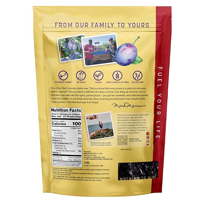 Mariani Pitted Dried Prunes No Sugar Added 30 Ounces (Pack of 1) - Resealable Bag
