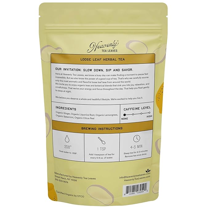 Heavenly Tea Leaves Organic Lemon Ginger Bulk Loose Leaf Herbal Tea 1 Lb. (Approx. 200 Servings) - Naturally Caffeine Free Premium Teas Perfect Hot or Iced!