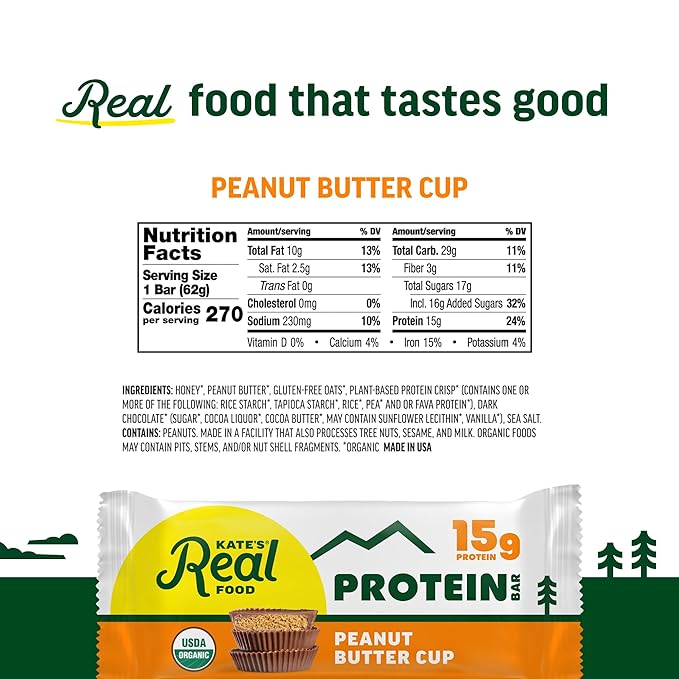 Kate’s Real Food Organic Protein Bars – (Peanut Butter Cup 2.2 oz Pack of 12) – Plant Based Protein Bars - Gluten Free Soy Free Non GMO Whole Grains and All Natural