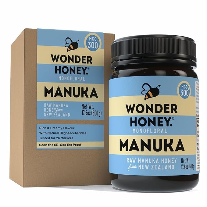 Wonder Honey Raw Manuka Honey New Zealand MGO300 (10+) Tested for 26 Markers Traceable Natural Soothing for Sore Throat Cough - Aids Digestion - Triple Sealed for safety in a Protective Box (1.1lb)