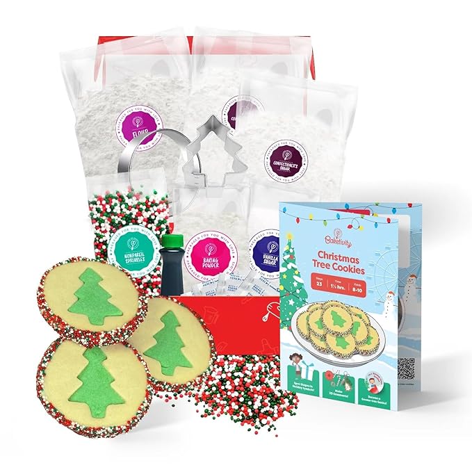 Baketivity Christmas Tree Cookies - DIY Baking Kit for Kids - Fun Little Junior Chef Essential Kitchen Lessons Includes Pre-Measured Ingredients