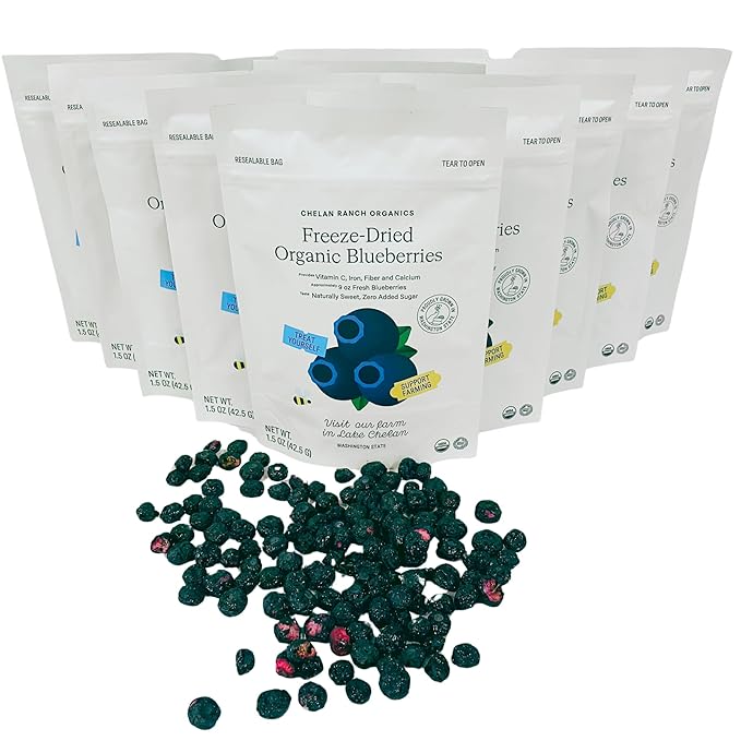 Chelan Ranch Organics Premium Freeze-Dried Organic Blueberries Non-GMO &amp Vegan 1.5 Ounce Bag (12-Pack)
