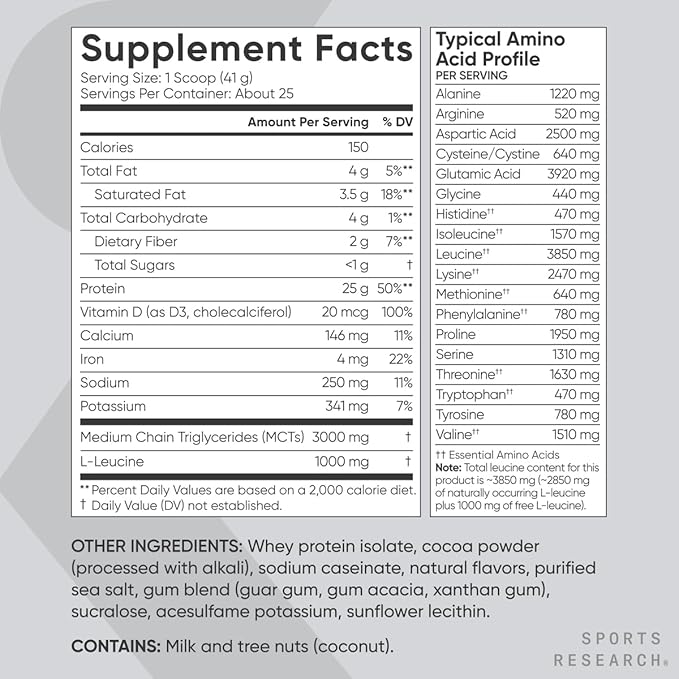 Sports Research Whey Protein Isolate - Sports Nutrition Protein Powder 25g per Serving - 2.27lb Bag Whey Protein - Dutch Chocolate Bulk Protein Powder 25 Servings