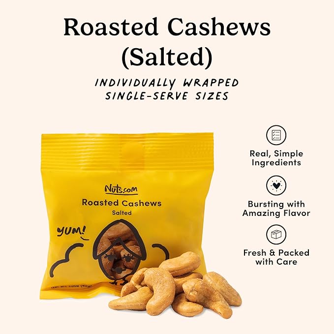 Nuts.com – Roasted Cashews (Salted Single Serve) — Creamy &amp Savory Flavor Healthy Snack for Adults &amp Kids Good Source of Protein Fiber Calcium Iron &amp Healthy Fats – Vegan &amp Gluten