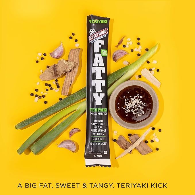 FATTY Meat Sticks Made with Grass Fed Beef Pork Raised Without Antibiotics 12g Protein Per Stick Teriyaki Easter Basket Stuffer for Men 2 oz. (Pack of 20)