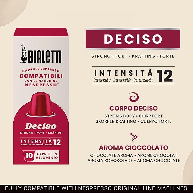 Bialetti Deciso Espresso Capsules 60 Pack – Original Machine Line Compatible Coffee Pods Intensity 12 Bold Dark Roast with Spicy and Fruity Notes