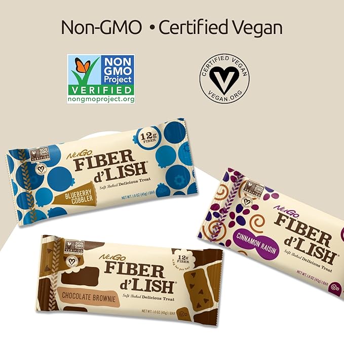 NuGo Fiber d'Lish Cinnamon Raisin 12g High Fiber Vegan 150 Calories 16 Count