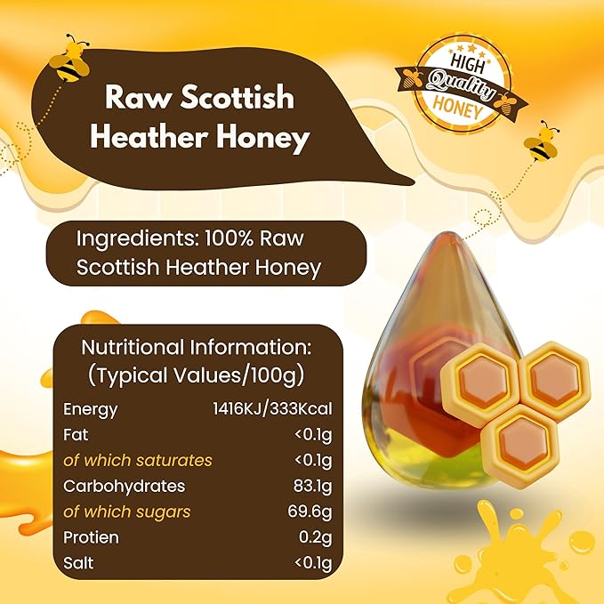 Heather Hills Farm Raw Scottish Heather Honey Jar 340g (12oz) - Highland Wild-flowering Purple Ling Heather Artisanal Pure Natural Honey Traditional British Food Gift &amp Spread Made in Scotland