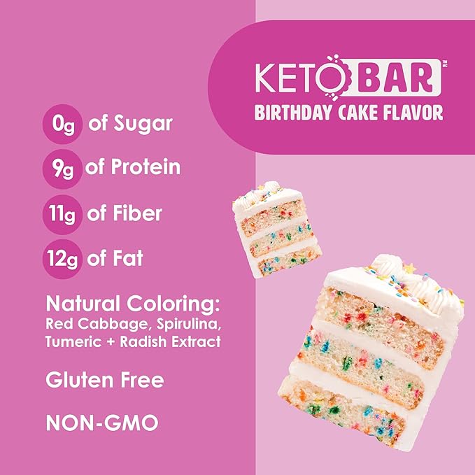 No Sugar Keto Bar Snack - Low Carb No Sugar Keto Snack Food with Keto Friendly Macros (12 x 1.41oz Bars Birthday Cake)