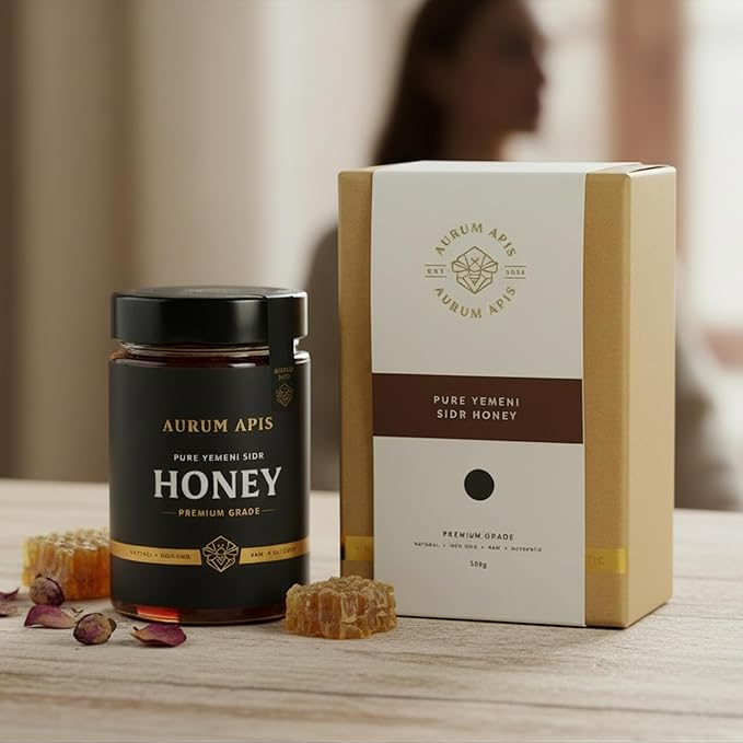Aurum Apis Raw Yemeni Sidr Honey 100% Raw Unfiltered Pure Honey Hand Harvested Organic Honey Non-GMO Unprocessed Certified Organic Honey from Sidr Tree Blossoms Rich Flavor &amp Aroma Honey Jar
