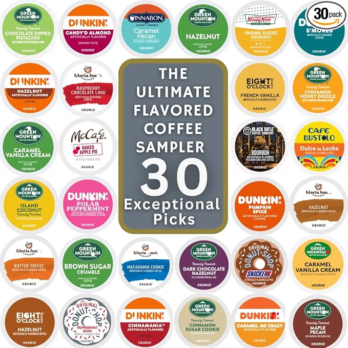 30 Flavored K-Cups: Unique &amp Exciting Variety Pack Collection Includes Dunkin Green Mountain Gloria Jean's Donut Shop And More (30 Unique Pods) Comes in a Nice Giftable Box.