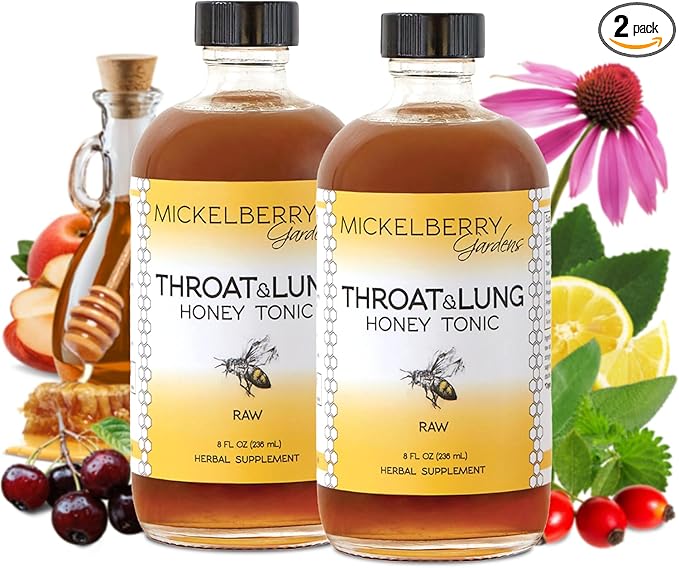 Mickelberry Gardens Throat &amp Lung Honey Tonic: Wellness Syrup Natural Sore Throat Relief Immune Support &amp Cough Suppressant for Adults &amp Kids (8 oz 2 Pack)