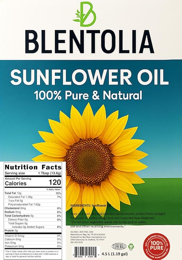 Blentolia- 100% Pure Sunflower Oil – 1.19 Gallon (4.5L) | Light Taste High Oleic | Ideal for Frying Cooking &amp Baking