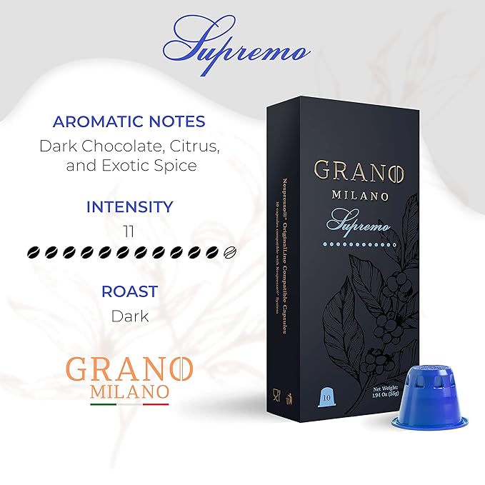Grano Milano Supremo - 50 Espresso Pods Compatible with Nespresso Original line Dark Roast - Intensity 11/12 Coffee Capsules Made in Italy Espresso Coffee