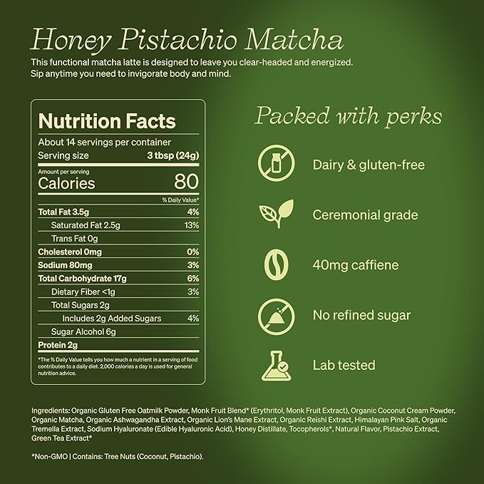 Clevr Pistachio Matcha SuperLatte Organic Ceremonial Grade Instant Superfood Powder Blend with Lions Mane Reishi Mushroom Coconut Cream Oat Milk Ashwagandha Serve Hot or Iced (14 Lattes)