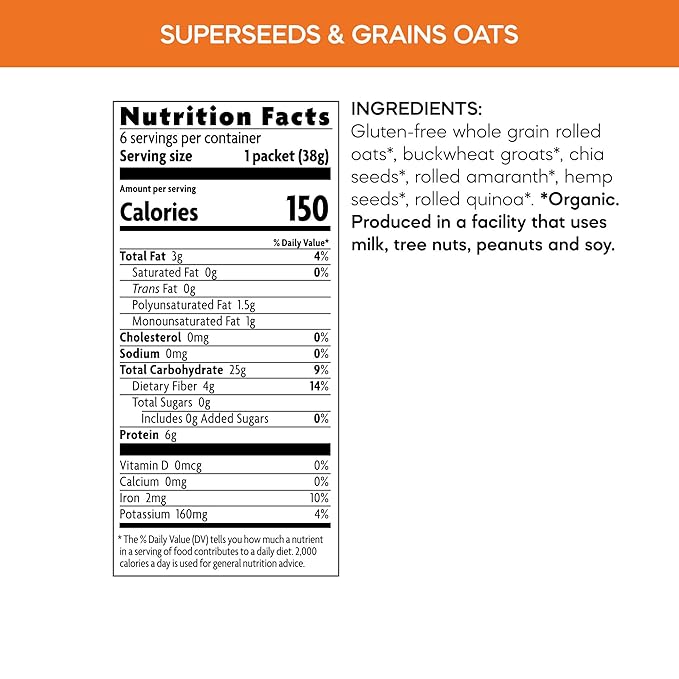 Nature's Path Organic Qi'a Superseeds &amp Grains Instant Oatmeal 8 oz (Pack of 6) Gluten Free Non-GMO