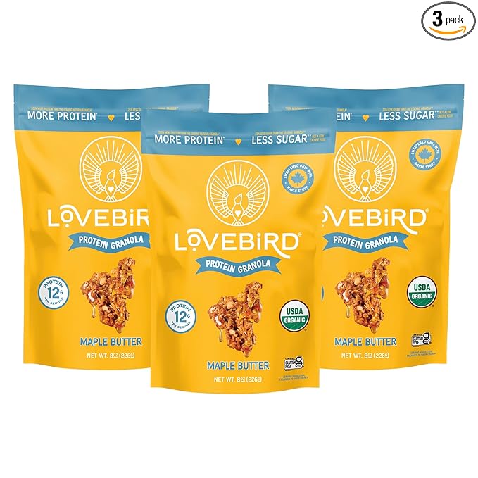 Lovebird Gluten Free Granola - Organic Protein Granola - 7 Real Ingredients - No Refined Sugar &amp Healthy Maple Butter Mix for High Protein Cereal Gut Health USDA Organic - Maple Butter 3 Pack
