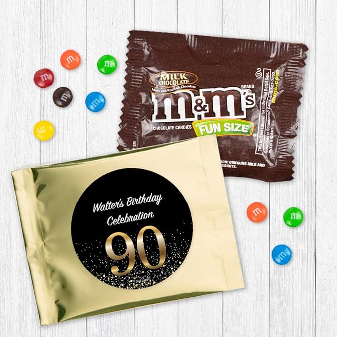 12ct Personalized 90th Birthday M&ampM's Candy Favors Fun Size Candy Bags (12 Pack) - Gold Foil - (3 x 4in) Milk Chocolate Party Supplies