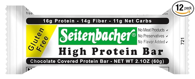 Seitenbacher Chocolate Covered Protein Bar – 16g of protein 14g of fiber hazelnuts 2.1 Ounce (Pack of 12)