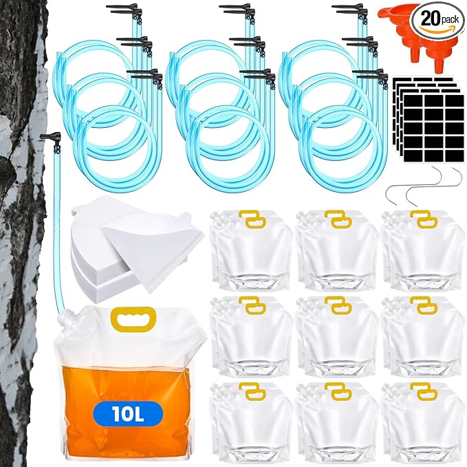 Nuogo 20 Sets 10L Maple Syrup Tapping Filter Kits with Include 20 Taps 20 3 ft Tubes 20 10L Bags 40 Filter Paper 4 Lines Stickers 2 Silicone Funnel 2 Hooks for Maple Birch Syrup Collection Supplies