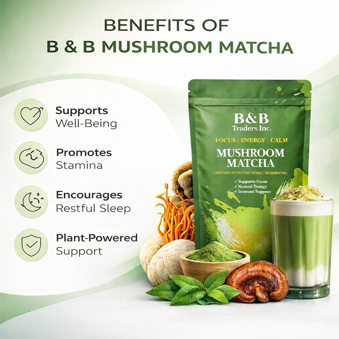 B &amp B Mushroom Matcha Powder with Coconut Milk | Lion’s Mane Cordyceps Chaga &amp 6 Mushroom Fruiting Body Blend – Japanese Ceremonial Grade Matcha – Adaptogenic Energy &amp Focus Drink Mix –