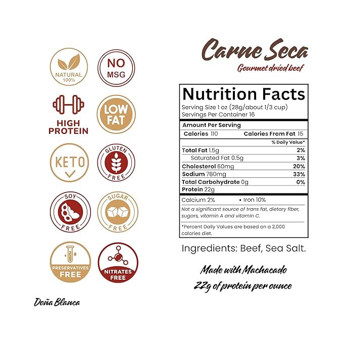 Carne Seca Doña Blanca 16 oz.- Carne Seca - Machacado - Machaca -Shredded Beef Jerky - Beef jerky chew - Kosher Sea Salt Low Sodium Gluten Free High Protein No Carbs Sugar free Keto