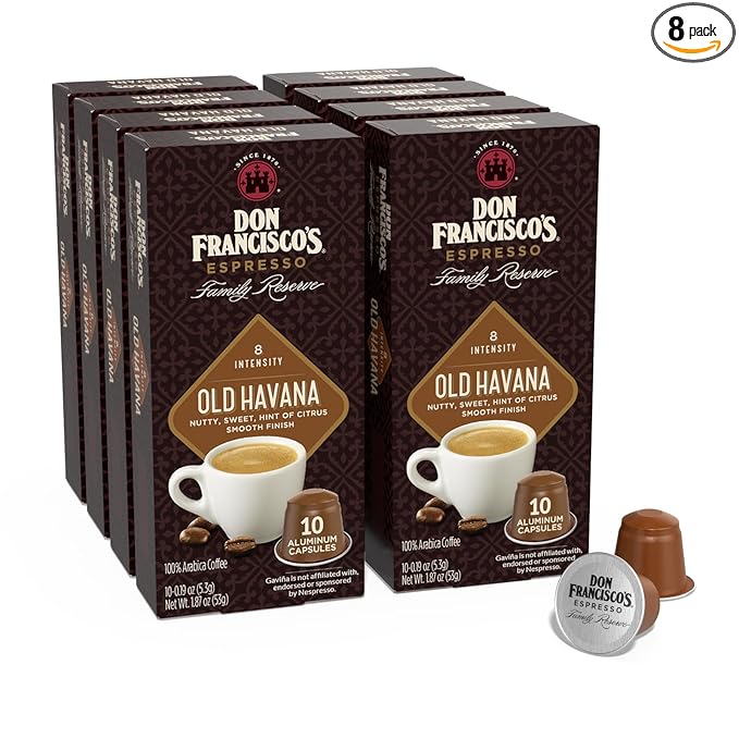 Don Francisco's Old Havana Espresso Pods: 80 Recyclable Aluminum Capsules Intensity 8 Medium Dark Roast Compatible with Nespresso Original Line - Bold Cuban-Style coffee with Nutty Notes