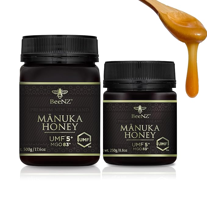 BeeNZ Raw Manuka Honey Certified UMF 5+ (MGO 83+) 2 Pack Pure New Zealand Manuka Honey Superfood Honey for Wellness Support No Sugar Added Traceable from Hive to Jar 8.8 oz/250g &amp 17.6 oz/50