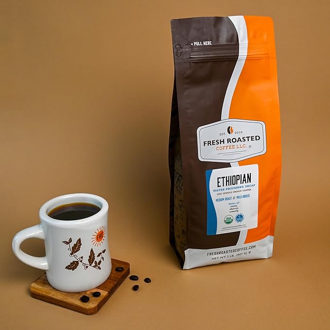 Fresh Roasted Coffee Organic Ethiopian Sidamo Water-Processed Decaf | USDA Organic 100% Single Origin Kosher | Medium Roast 2 lb (32 oz) Ground