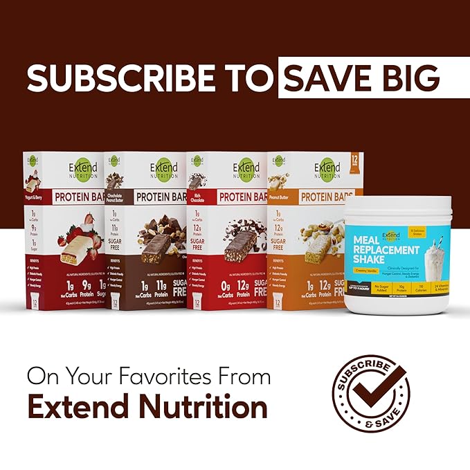 Extend Sugar Free Protein Bars Perfect Diabetic Snacks High Protein and Fiber Hunger Control &amp Steady Energy Low Carb Keto Friendly (12 Count Variety Pack)
