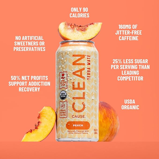 CLEAN Cause Peach Yerba Mate Tea Non-Carbonated USDA Organic Energy Drink Alternative Low Sugar 160mg Natural Caffeine Soda Alternative Plant-Based (15.5oz cans 12-Pack Case)