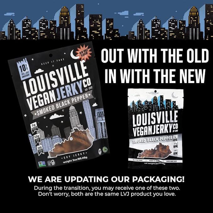 Louisville Vegan Jerky - Smoked Black Pepper Vegan and Vegetarian Meat 19 Grams of Non-GMO Soy Protein 310 Calories per Bag Gluten-Free High Protein Vegan Snacks - 3 oz 10 Pack
