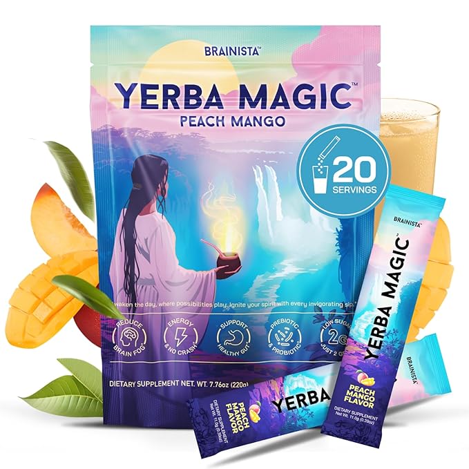 Yerba Magic Yerba Mate Powder Packets - Instant Clean Energy &amp Focus Drink Mix for Gut Health - Nootropic Blend with Lion’s Mane L-Theanine Prebiotics &amp Probiotics - Low Sugar Natural Caffei